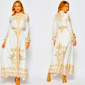 Boho Long Sleeve White Button Down Belted Maxi Dress
